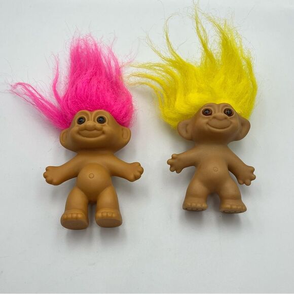 Vintage set of 2 1990s yellow and pink hair troll doll - Picture 2 of 8